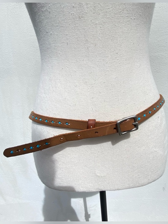Accessories - Tan & Turquoise Bead Genuine Leather Skinny Belt Size XL